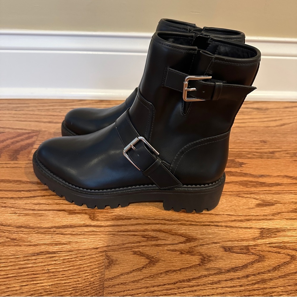 Nordstrom’s Rack Black Combat Moto Boots with Side Zip and Buckle
